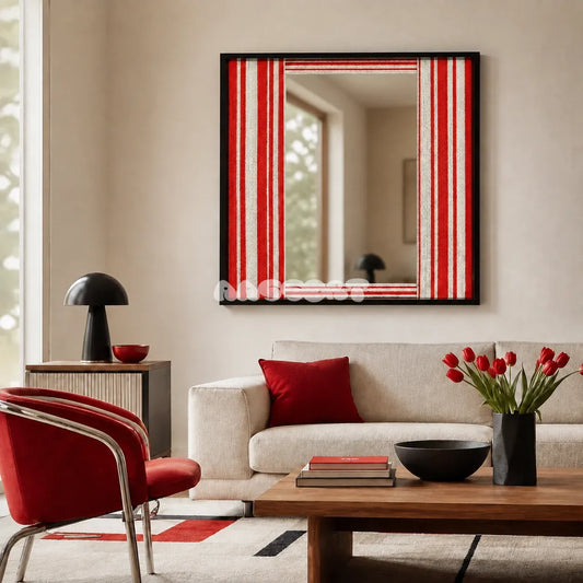Wave Tide SQ035 red and white striped framed yarn mirror art above a white sofa beside a red lounge chair in a modern living room