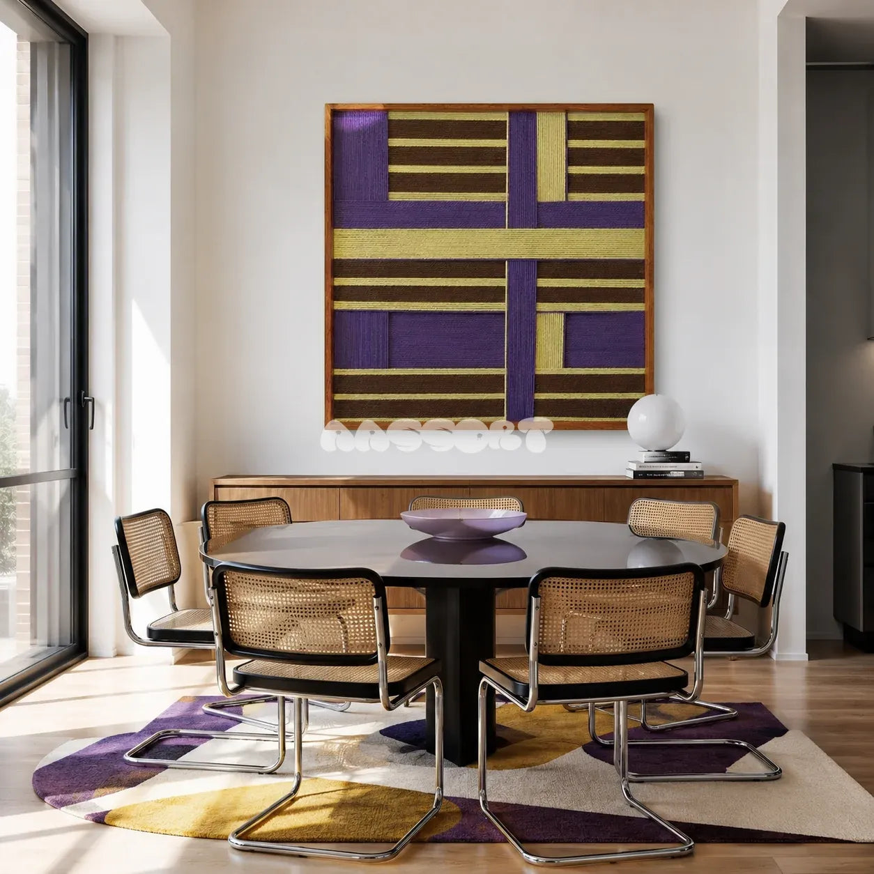 Mrs. Maisel SQ036 purple brown and yellow framed yarn art above a wood sideboard beside cane chairs in a modern dining room