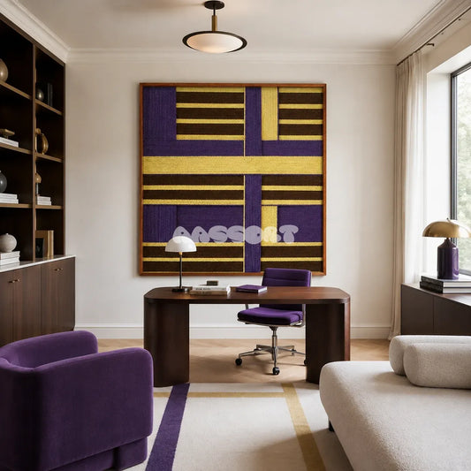 Mrs. Maisel SQ036 purple brown and yellow framed yarn art above a wood desk with purple chairs in a modern home office
