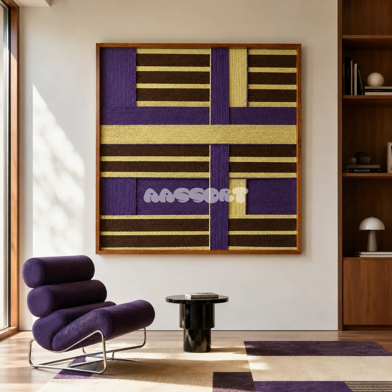 Mrs. Maisel SQ036 purple brown and yellow framed yarn art above a purple lounge chair in a sunlit reading corner