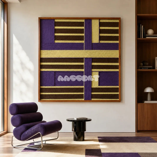 Mrs. Maisel SQ036 purple brown and yellow framed yarn art above a purple lounge chair in a sunlit reading corner
