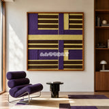 Mrs. Maisel SQ036 purple brown and yellow framed yarn art above a purple lounge chair in a sunlit reading corner