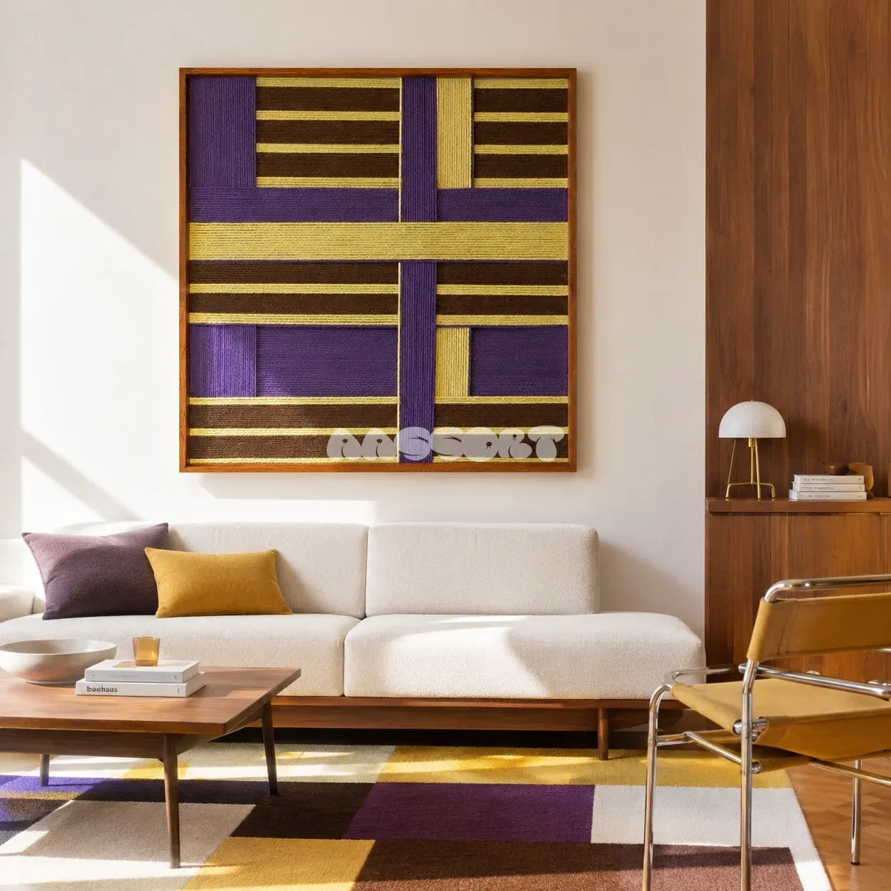 Mrs. Maisel SQ036 purple brown and yellow framed yarn art above a white sofa in a sunlit modern living room