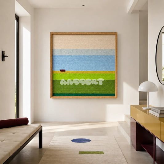 Whispering Fields SQ038 blue green and cream framed wool landscape art above a bench beside a colorful console in a bright entryway