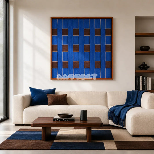 Tranquil Midnight Paris SQ041 blue and brown framed yarn art above a white sectional sofa in a bright modern living room