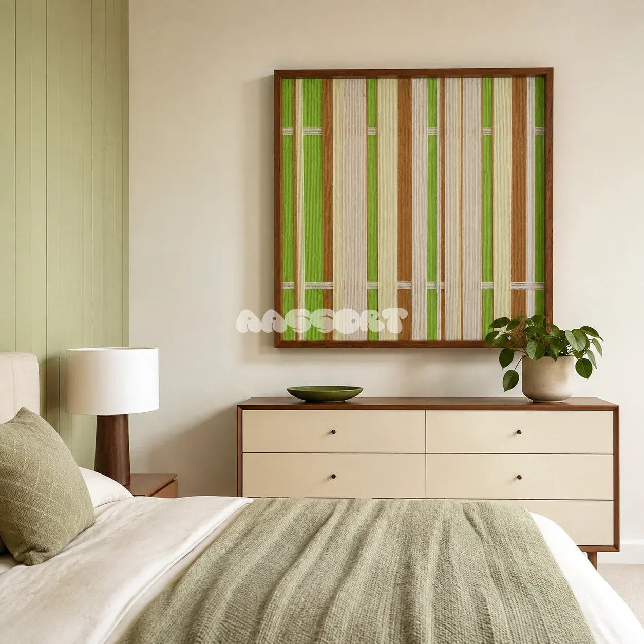 Tree Ah Tree SQ042 green cream and brown framed yarn art above a cream dresser in a calm green-accented bedroom
