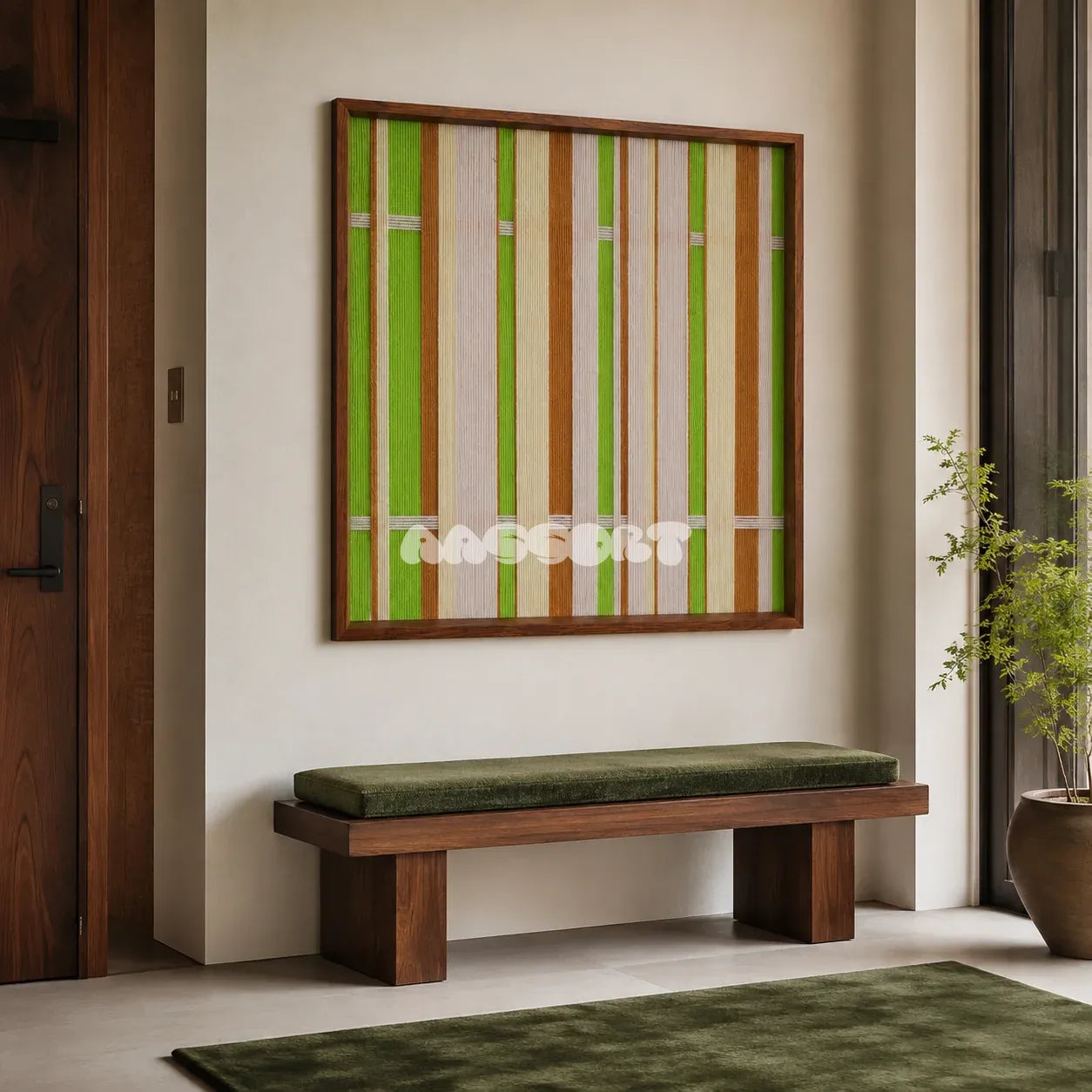 Tree Ah Tree SQ042 green cream and brown framed yarn art above a green upholstered wood bench in a bright modern entryway