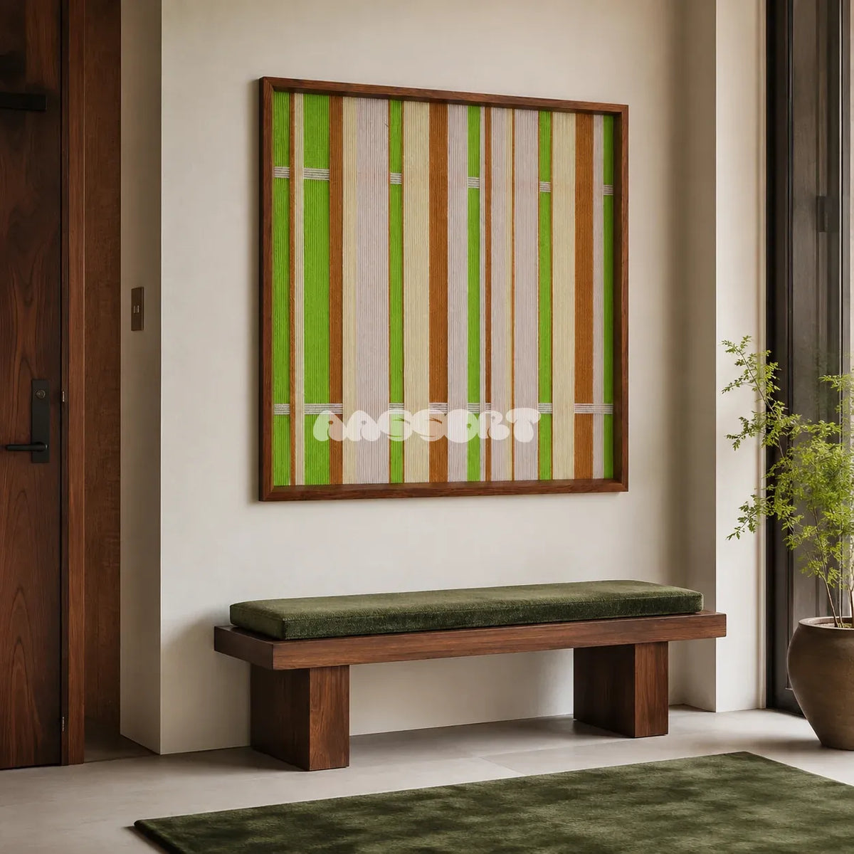 Tree Ah Tree SQ042 green cream and brown framed yarn art above a green upholstered wood bench in a bright modern entryway