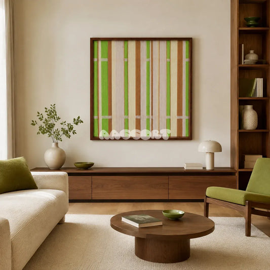 Tree Ah Tree SQ042 green cream and brown framed yarn art above a wood sideboard beside a green chair in a warm modern living room