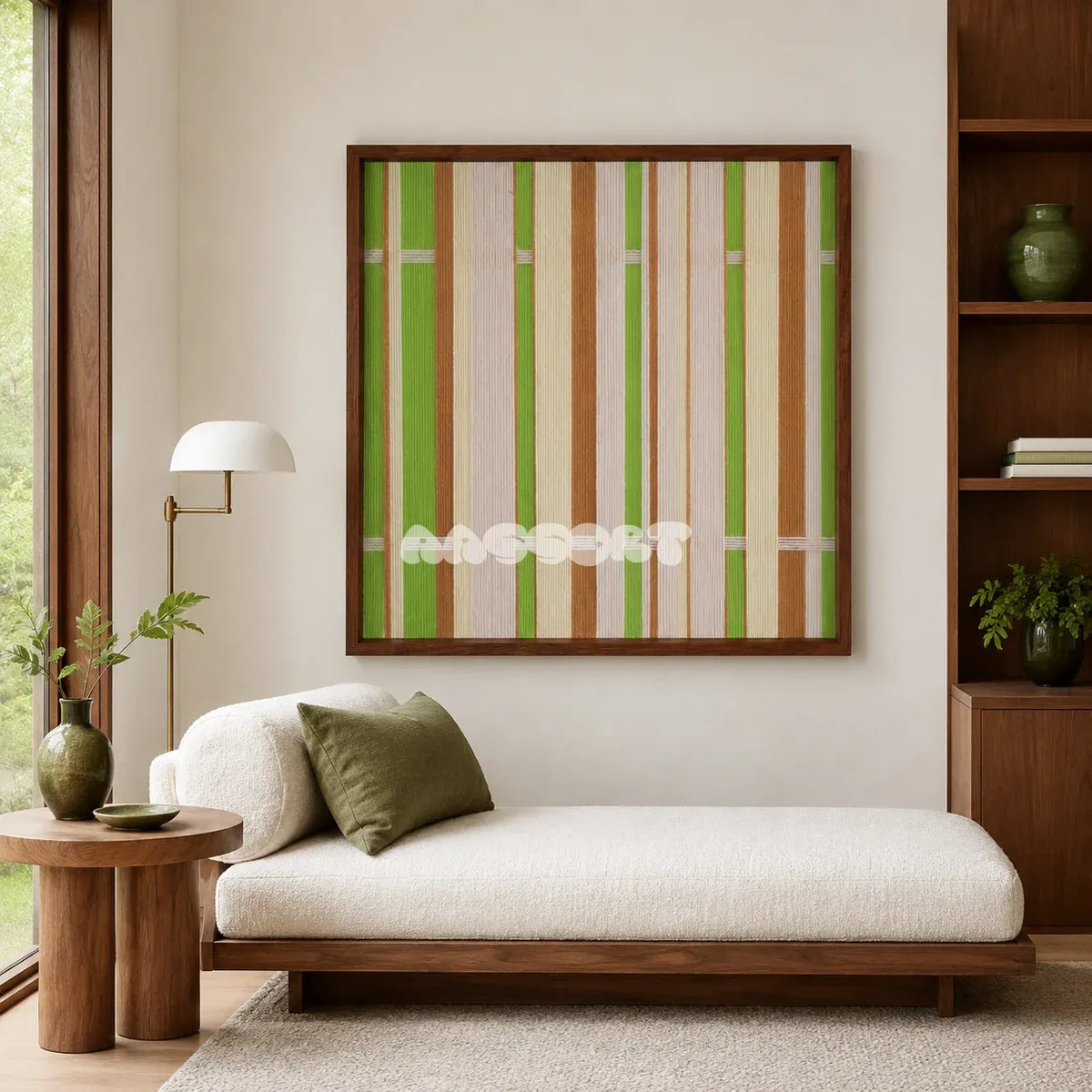 Tree Ah Tree SQ042 green cream and brown framed yarn art above a white chaise lounge with a green pillow in a warm reading room