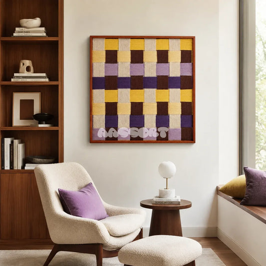 Mrs Dalloway SQ043 purple yellow cream and brown framed yarn art above a cream boucle chair in a sunlit reading corner
