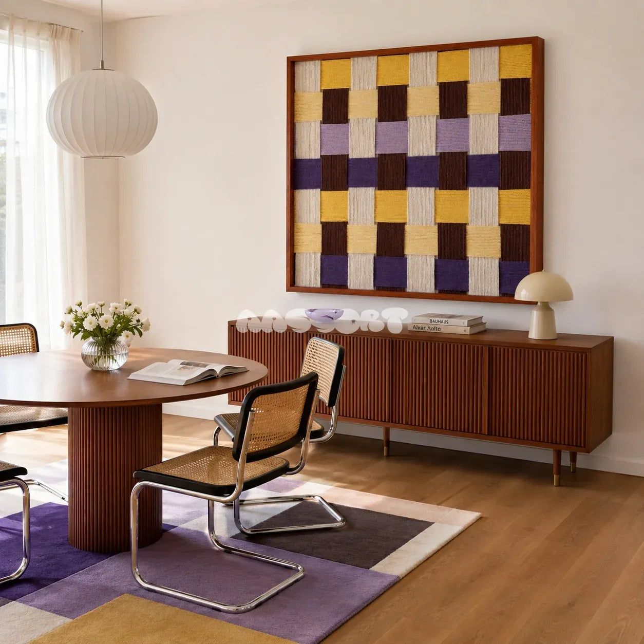 Mrs Dalloway SQ043 purple yellow cream and brown framed yarn art above a fluted wood sideboard beside cane chairs in a bright dining room