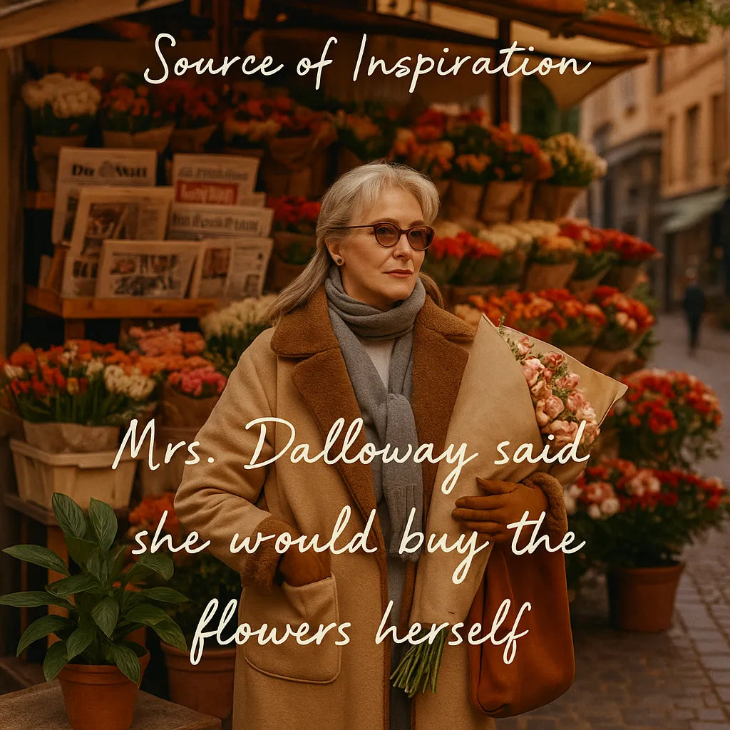 Inspiration graphic for Mrs Dalloway featuring a woman holding flowers at a market and a quote about buying the flowers herself