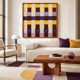 Mrs Dalloway SQ043 purple yellow cream and brown framed yarn art above a white sofa in a bright modern living room