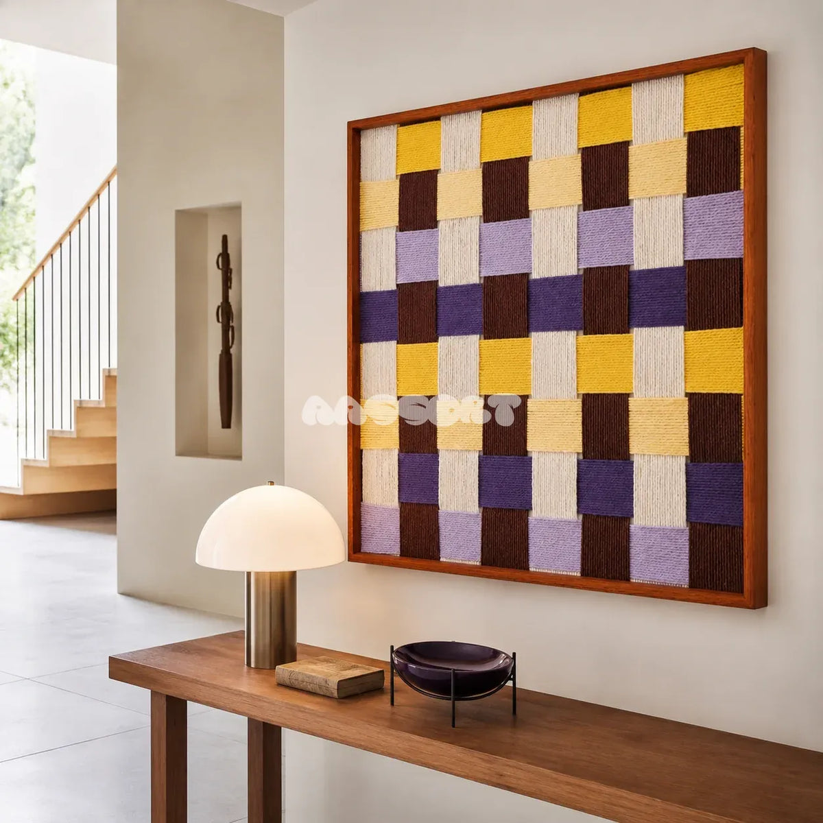 Mrs Dalloway SQ043 purple yellow cream and brown framed yarn art above a wood console table in a bright modern entryway
