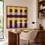 Mrs Dalloway SQ043 purple yellow cream and brown framed yarn art above a wood desk in a sunlit modern home office
