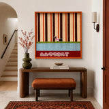 Tangerine Stripe Pup Venture SQ044 striped framed yarn art with a dog motif above a wood console and orange bench in a bright entryway