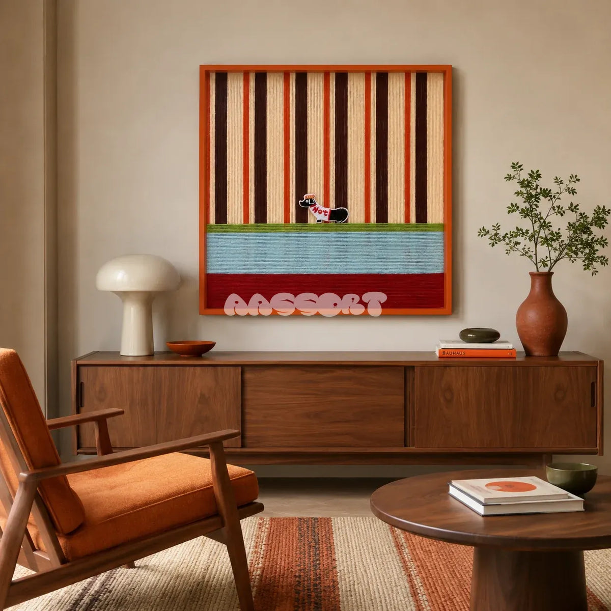 Tangerine Stripe Pup Venture SQ044 orange brown cream blue and red framed yarn art with a dog motif above a wood sideboard in a warm living room