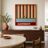Tangerine Stripe Pup Venture SQ044 orange brown cream blue and red framed yarn art with a dog motif above a wood sideboard in a dining room