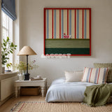 Scarlet Stripe Pup Saunter SQ045 red blue cream and green framed yarn art with a dog motif above a bed in a cozy bedroom