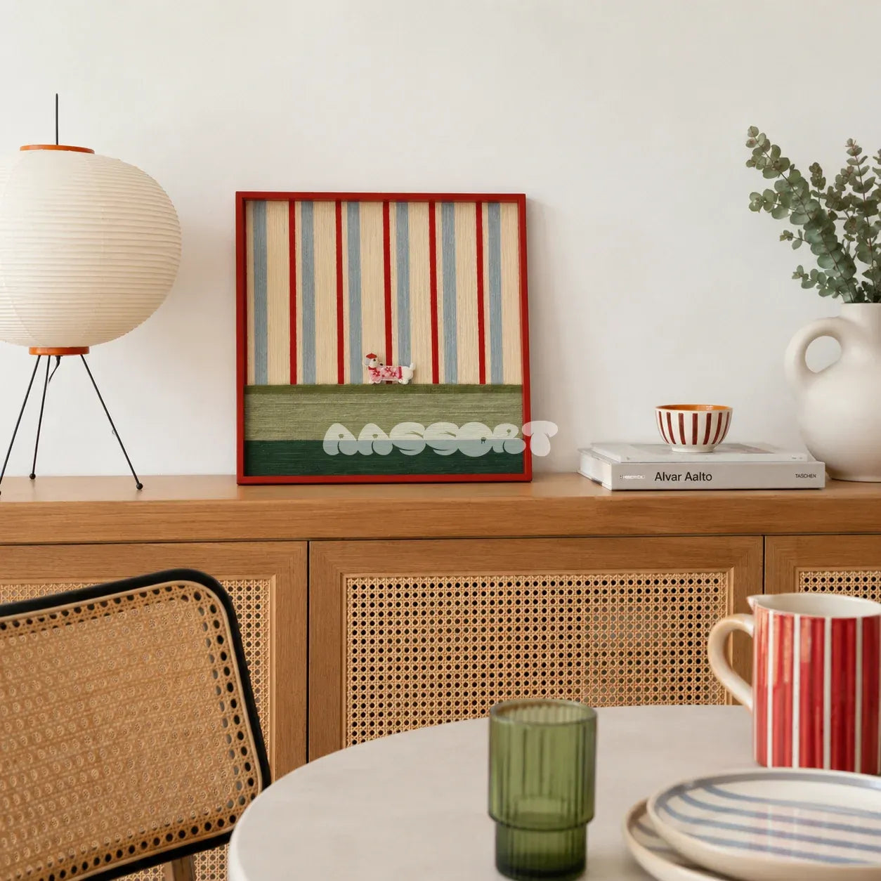 Scarlet Stripe Pup Saunter SQ045 striped framed yarn art with a dog motif displayed on a cane-front cabinet in a bright dining room