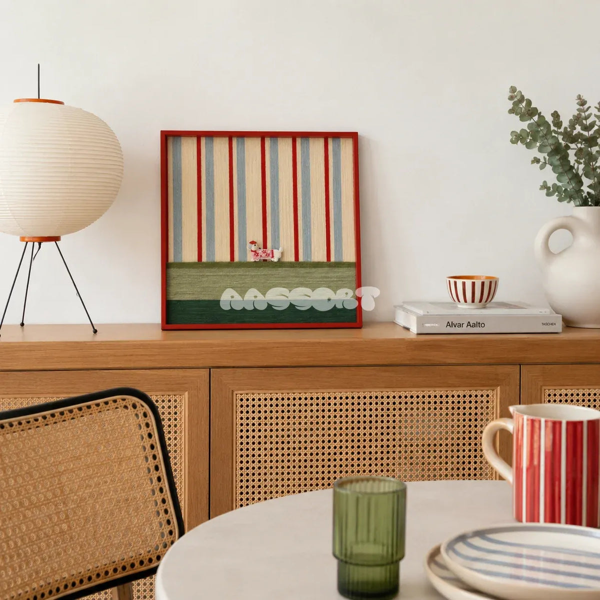 Scarlet Stripe Pup Saunter SQ045 striped framed yarn art with a dog motif displayed on a cane-front cabinet in a bright dining room