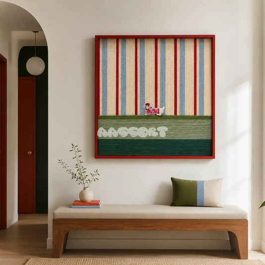 Scarlet Stripe Pup Saunter SQ045 red blue cream and green framed yarn art with a dog motif above a wood bench in a bright entryway