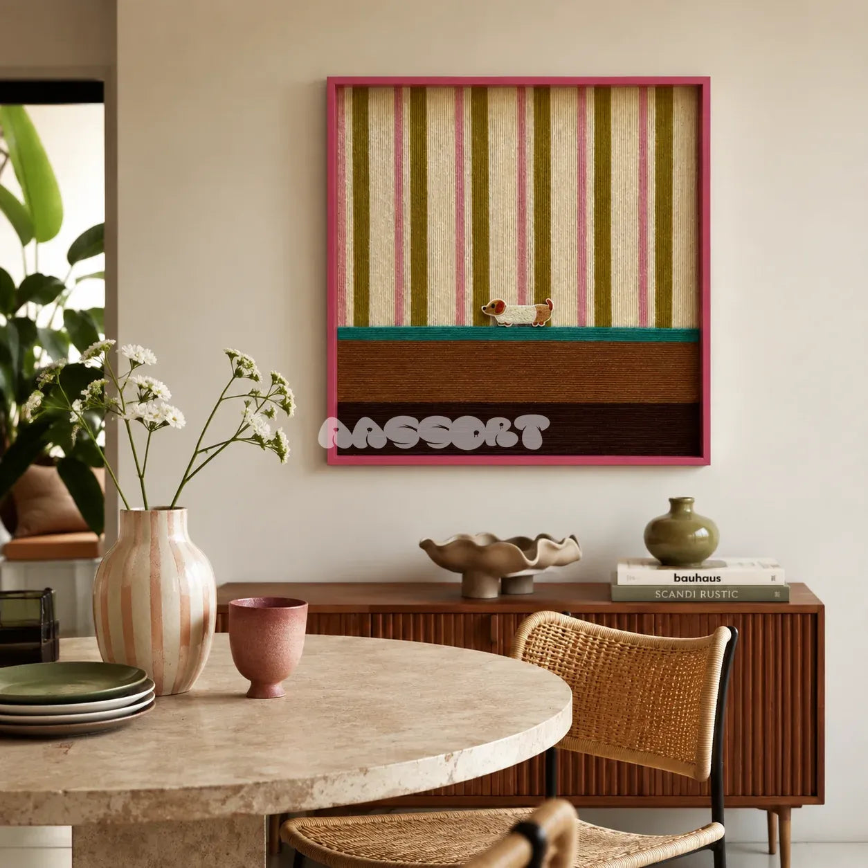 Coral Stripe Pup Wander SQ046 pink olive cream teal and brown framed yarn art with a dog motif above a wood sideboard beside cane chairs in a dining room