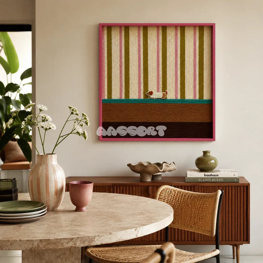 Coral Stripe Pup Wander SQ046 pink olive cream teal and brown framed yarn art with a dog motif above a wood sideboard beside cane chairs in a dining room