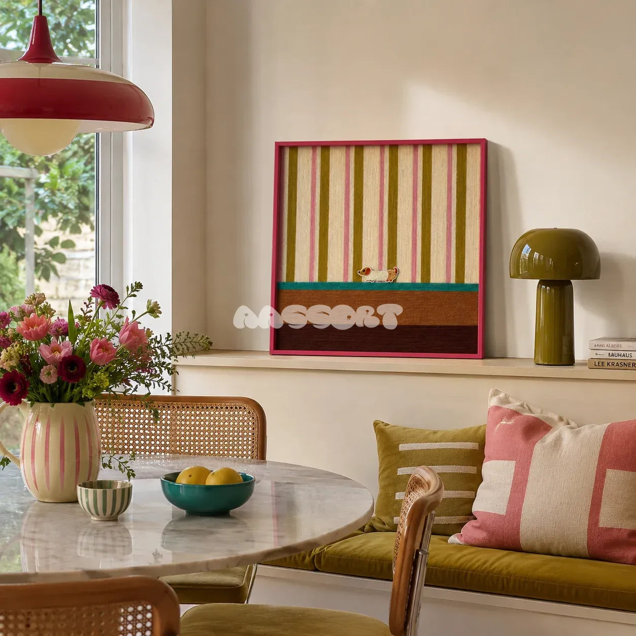 Coral Stripe Pup Wander SQ046 striped framed yarn art with a dog motif displayed above a green bench beside a round table in a bright dining nook