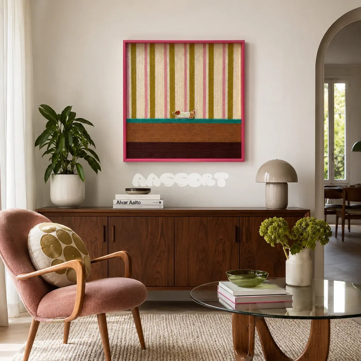 Coral Stripe Pup Wander SQ046 pink olive cream teal and brown framed yarn art with a dog motif above a wood sideboard beside a pink chair in a living room