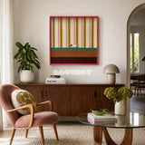 Coral Stripe Pup Wander SQ046 pink olive cream teal and brown framed yarn art with a dog motif above a wood sideboard beside a pink chair in a living room