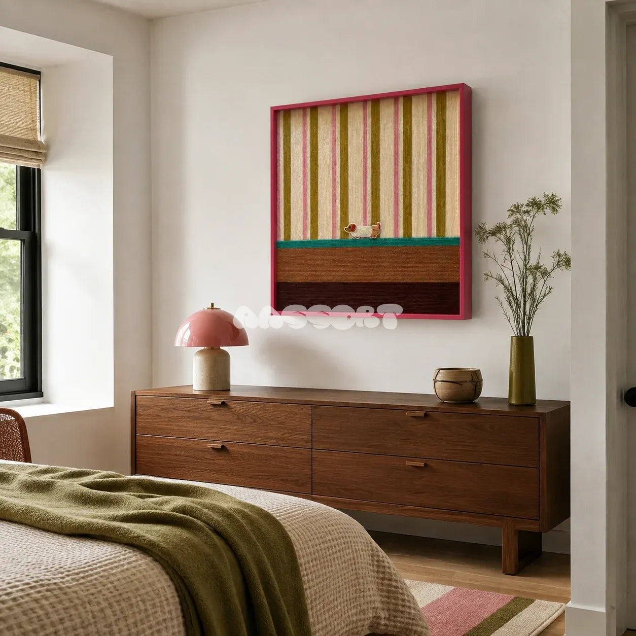 Coral Stripe Pup Wander SQ046 pink olive cream teal and brown framed yarn art with a dog motif above a wood dresser in a warm bedroom