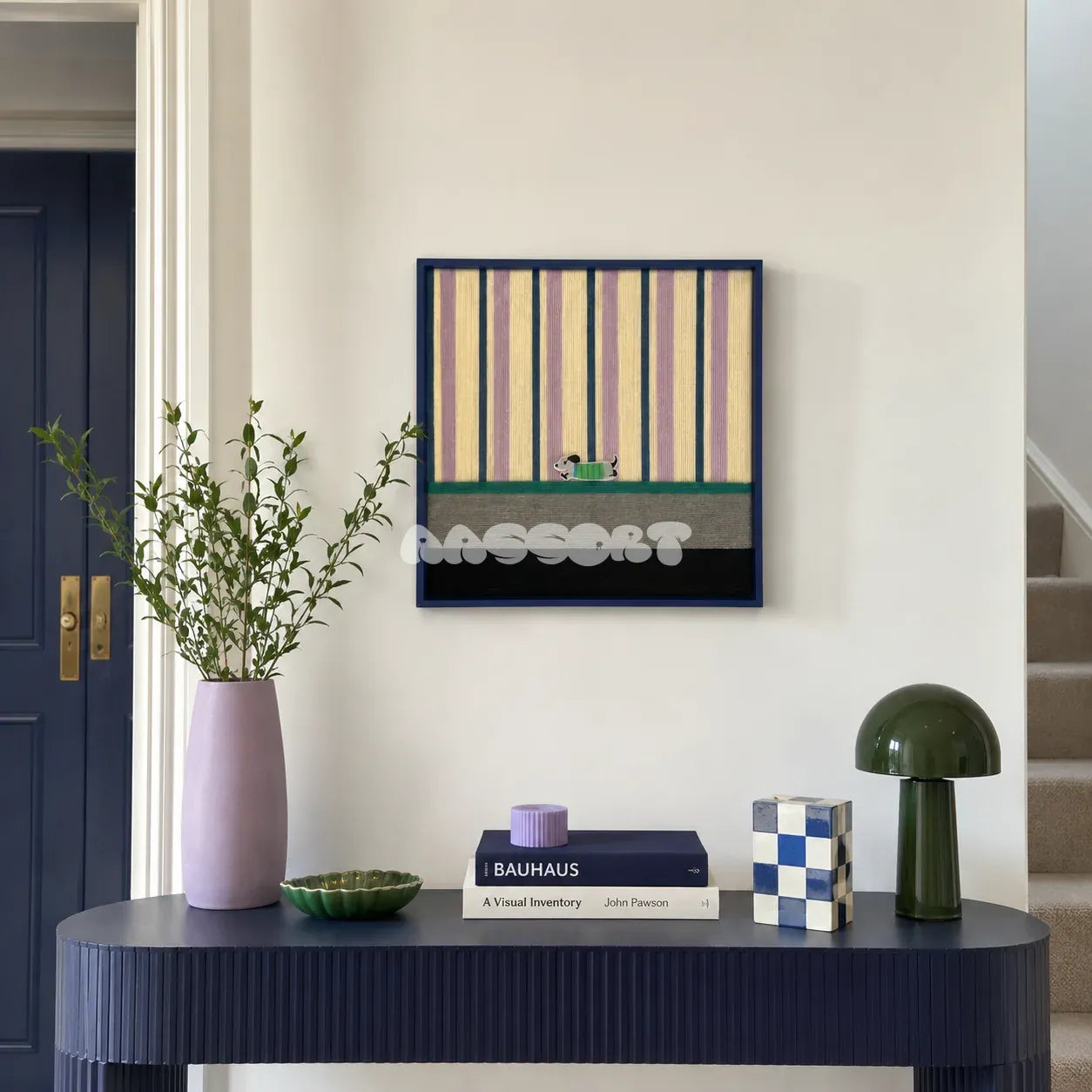 Cerulean Stripe Pup Frolic SQ047 blue lilac cream green and black framed yarn art above a navy console in a bright entryway