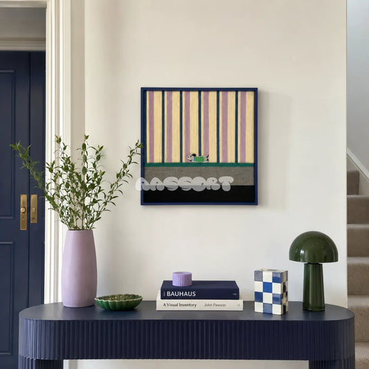 Cerulean Stripe Pup Frolic SQ047 blue lilac cream green and black framed yarn art above a navy console in a bright entryway