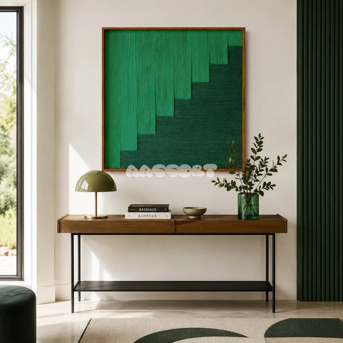 Azure Sky Woven SQ048 Green Forest soft cotton cord wall art above a slim wood console in a bright modern entryway