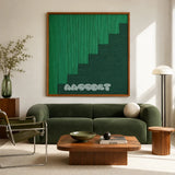 Azure Sky Woven SQ048 Green Forest soft cotton cord wall art above a deep green sofa in a warm modern living room