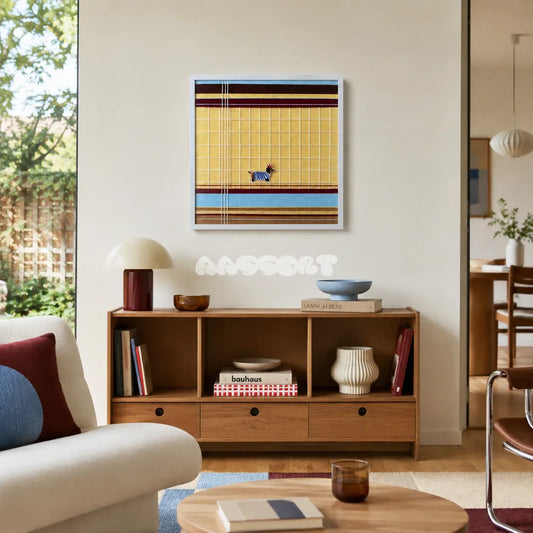 Pawsy Puppy SQ049 yellow blue brown and burgundy framed yarn art with a striped dog motif above a low bookshelf in a bright living room
