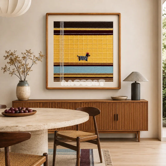 Pawsy Puppy SQ049 yellow blue brown and burgundy framed yarn art with a striped dog motif above a wood sideboard in a warm dining room