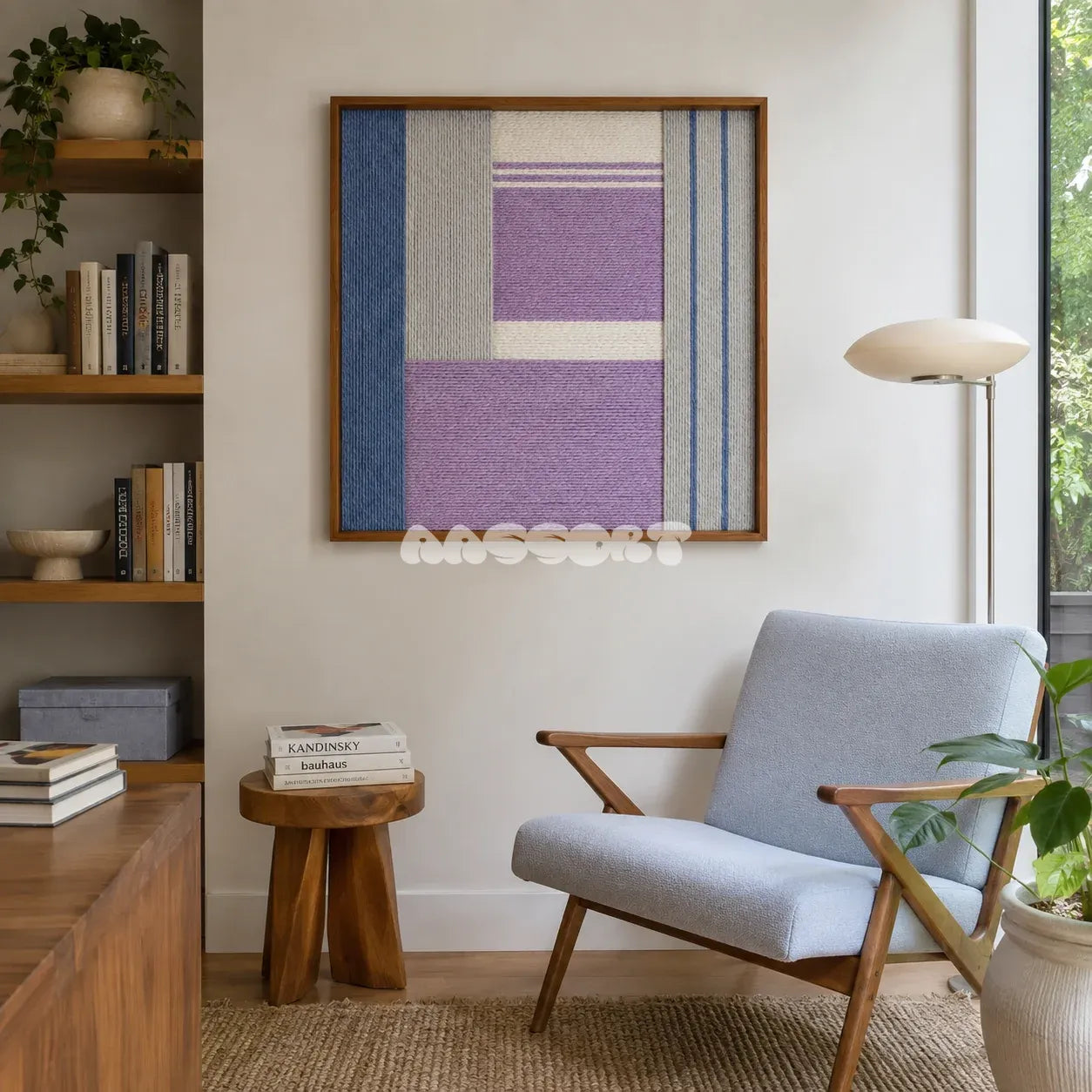 Material Mass SQ084 framed textile art with white, gray, violet, and blue geometric yarn composition.