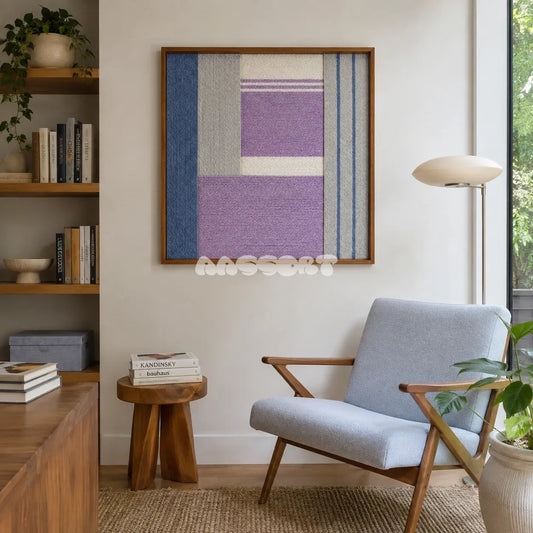 Material Mass SQ084 framed textile art with white, gray, violet, and blue geometric yarn composition.