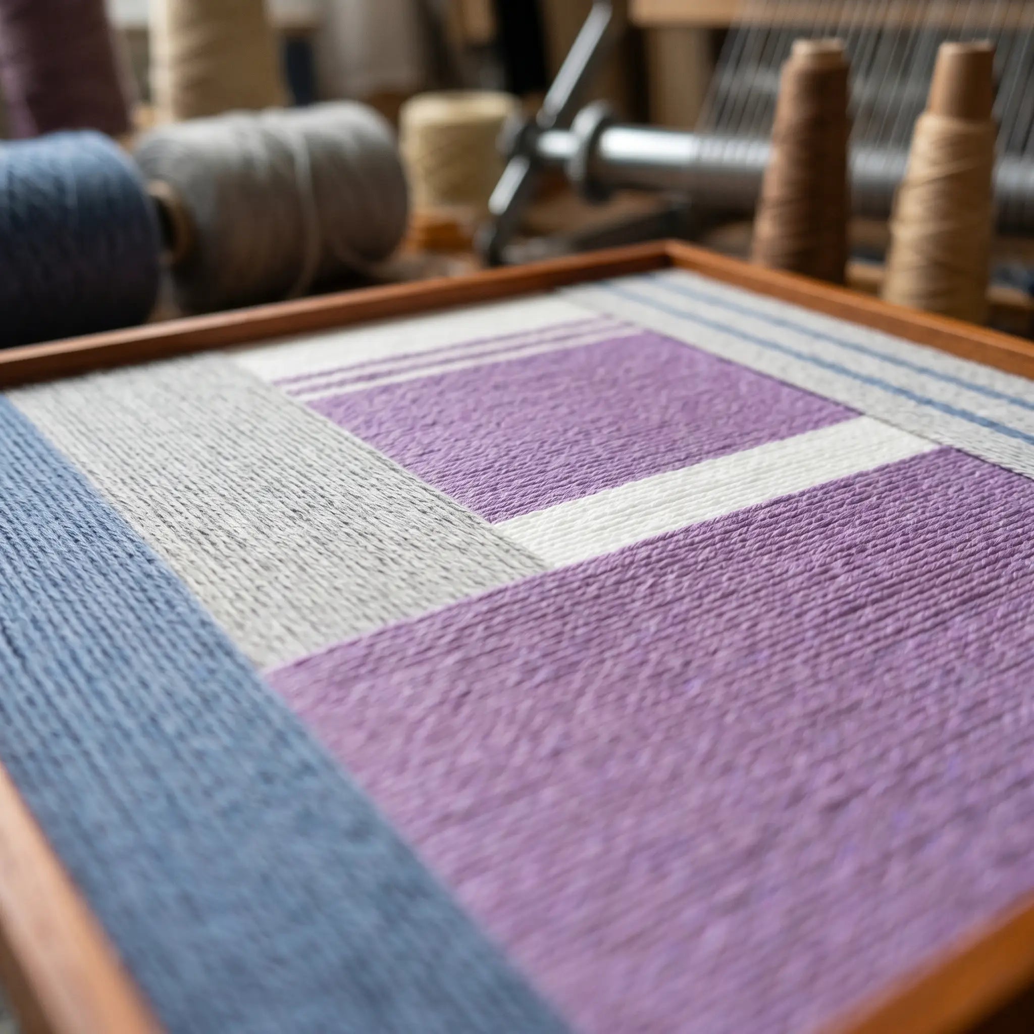 Detailed view of Material Mass SQ084 soft cotton cord texture in white, gray, violet, and blue.