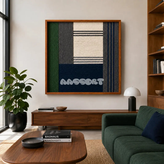 Needle and Ink SQ085 framed textile art with off-white, charcoal, forest green, and navy geometric yarn composition.