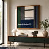 Needle and Ink SQ085 framed fiber artwork featuring layered geometric blocks and soft cotton cord texture.