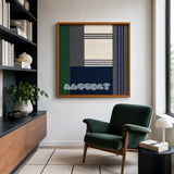 Needle and Ink SQ085 abstract textile artwork with off-white and charcoal tones accented by forest green and midnight navy.