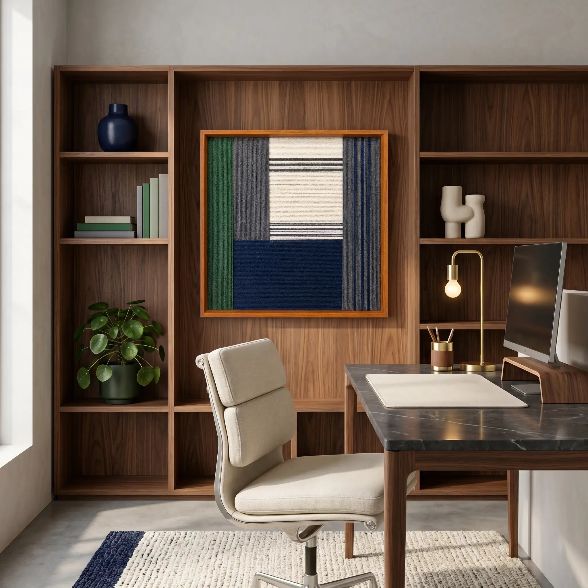 Needle and Ink SQ085 framed textile wall art styled in a sophisticated modern home office.