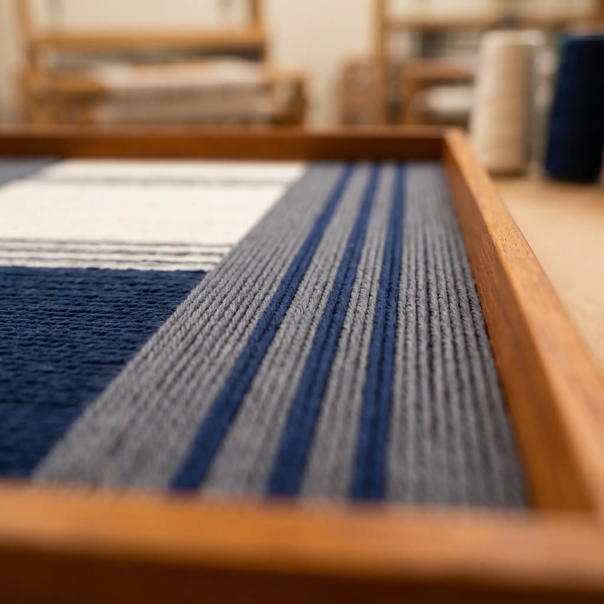 Macro view of Needle and Ink SQ085 showing precise navy yarn winding and dimensional structural layering.