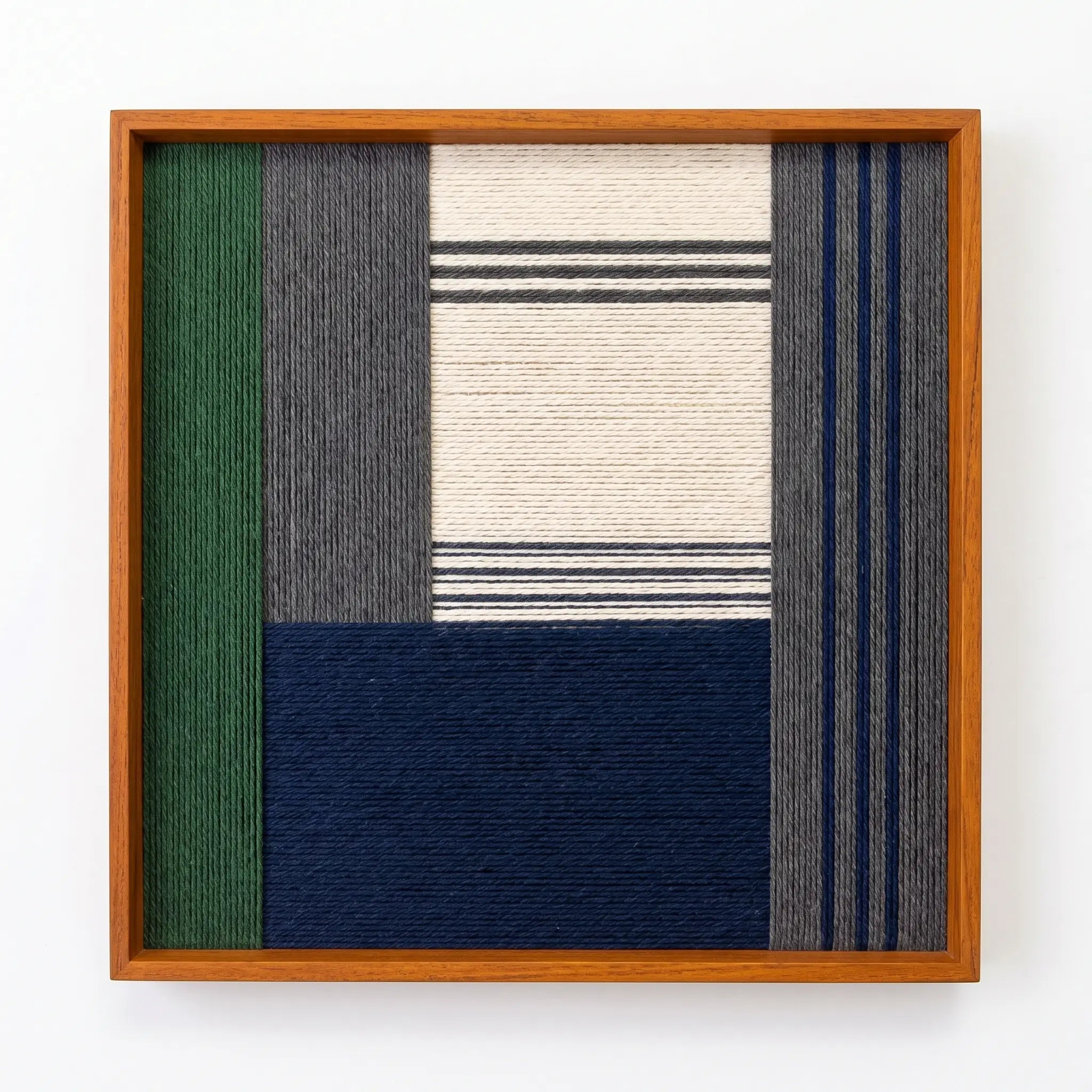Front view of Needle and Ink SQ085 geometric yarn wall art in a sleek square frame on a white background.