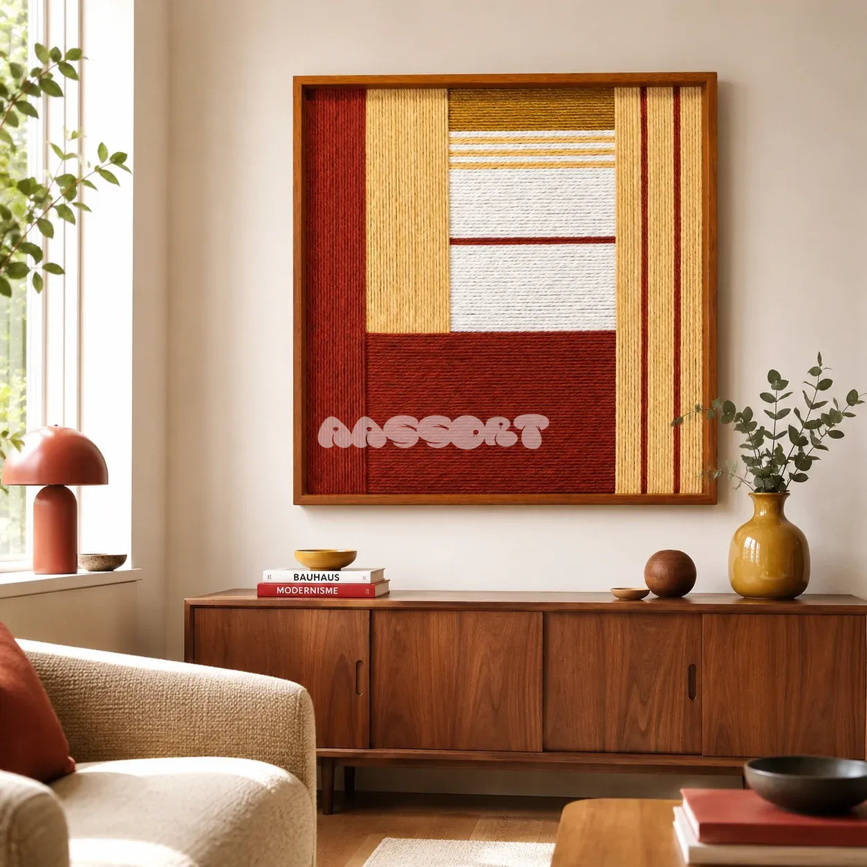 Sun-Baked Terra SQ086 framed textile art with white, cream, terracotta, and ochre geometric yarn composition.