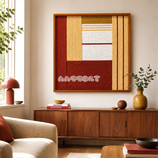 Sun-Baked Terra SQ086 framed textile art with white, cream, terracotta, and ochre geometric yarn composition.